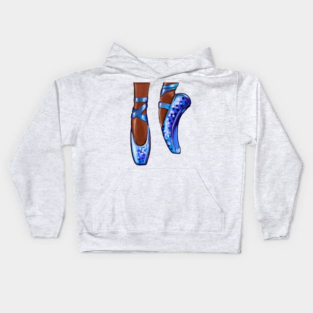 Ballet pointe shoes in blue. Dance African American dancer dancing brown Ballerina Kids Hoodie by Artonmytee